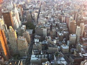 Looking down Fifth Avenue and Broadway from the Empire State Building